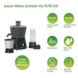 Philips HL7579/00 600w Juicer Mixer Grinder With 1 Nutri Juicer Jar 1 Blend & Carry Jar & 1 Ss Multipurpose Jar
