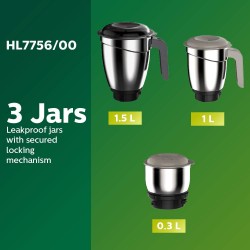 Philips Hl7756/00 Mixer Grinder 750w 3 Jars Black
