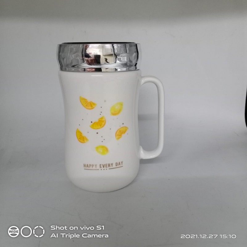 DELIBOHEMI Printed Ceramic Coffee Mug with Mirror Reflection Lid - 400 ml - 1 Piece - Multi Design