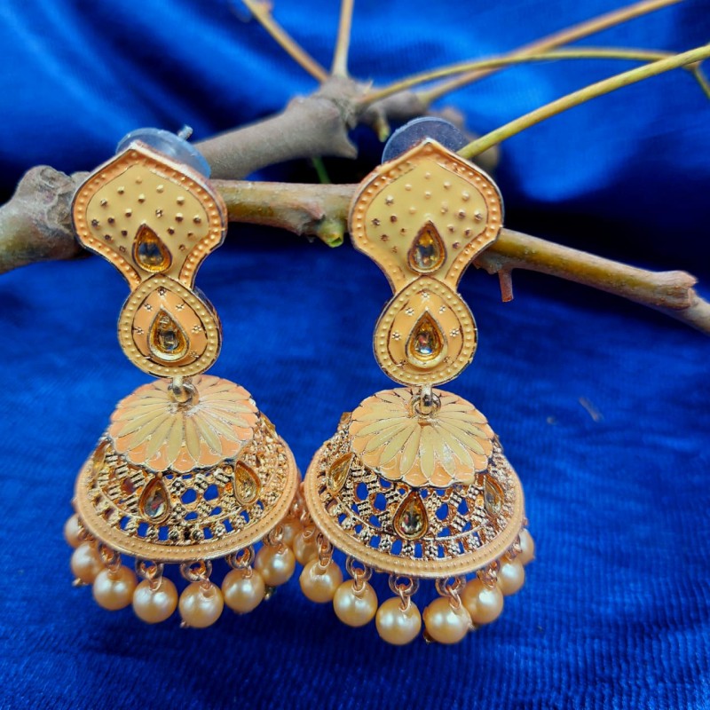 Anaghya Peach Meenakari Enamel  Long Jhumka/Jhumki Earrings for Women & Girls