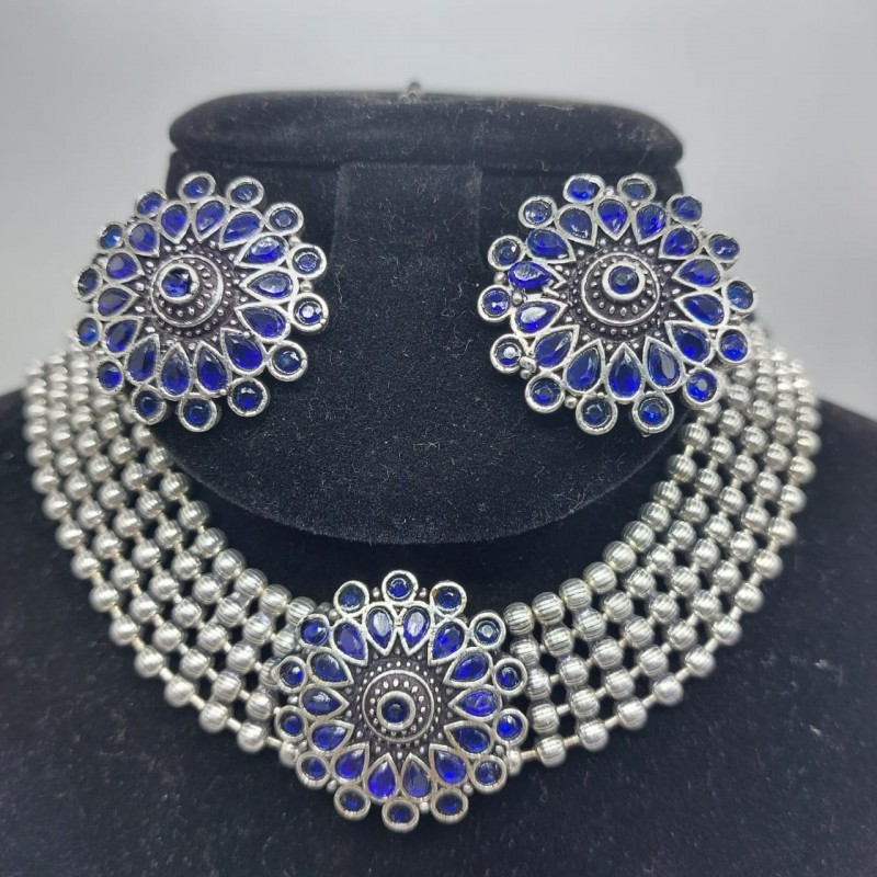 Fashion Oxidised Silver Designer Jewellery Choker Necklace Set for Women & Girls by Anaghya