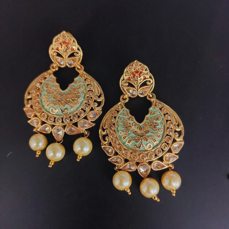 Anaghya mint green earrings in golden colour with pearl drops