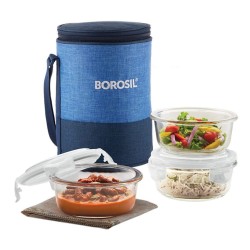 Borosil Prime Glass Lunch Box 400 ml Round Microwave Safe Office Tiffin Transparent Set of 3
