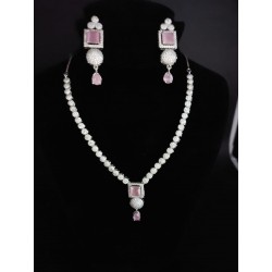 Anaghya Women Rhodium Plated American Diamond Necklace With Pink Stone Earring Set For Women And Girl