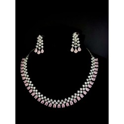 Anaghya Women Rhodium Plated American Diamond Necklace With Pink Stone and Earring Set For Women And Girl