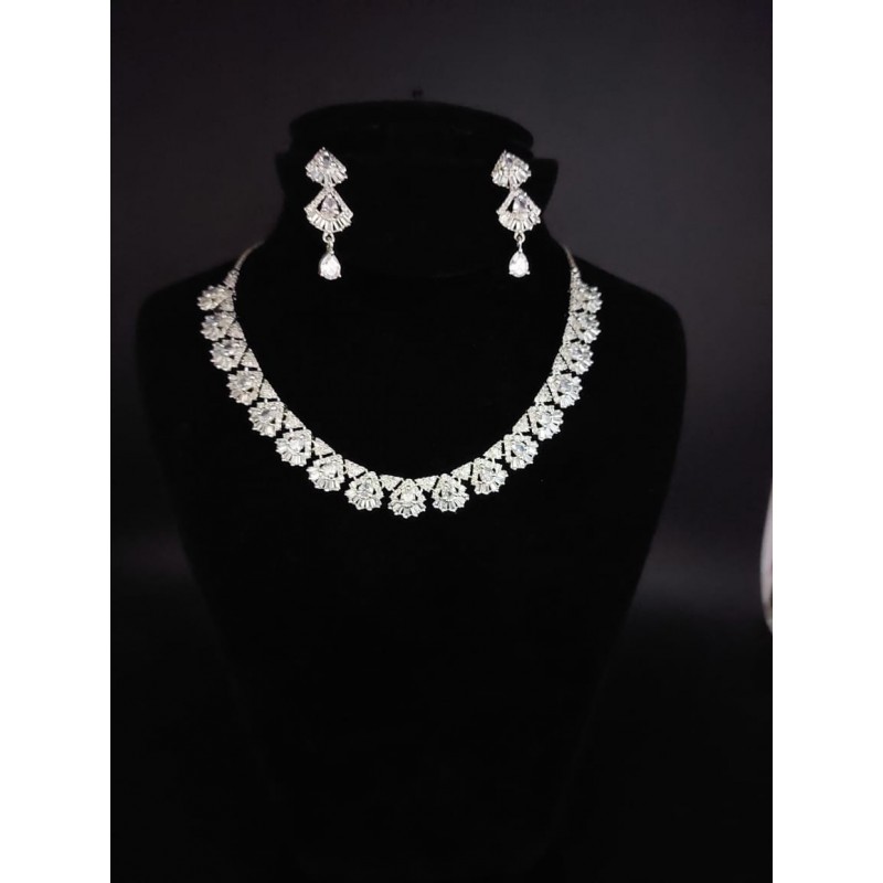 Anaghya Women Rhodium Plated American Diamond White Necklace With Earring Set For Women And Girl