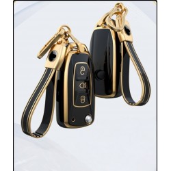 TPU Leather Car Key Cover Compatible with Tata Tigor, Bolt, Nexon, Hexa, Zest, Tiago Flip Key (Black Gold) with Theme Keychain