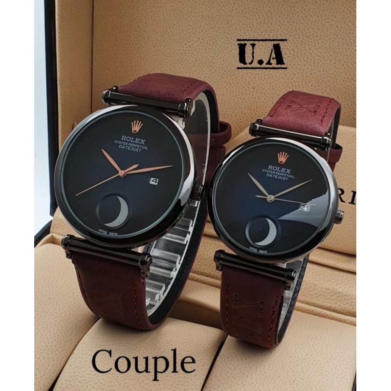 Rolex couple watch black dial maroon leather belt