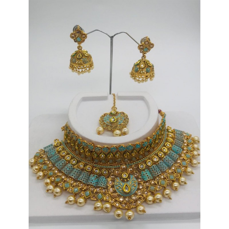 Shastta trendz Blue Meena Kundan Pearl Choker Necklace Set