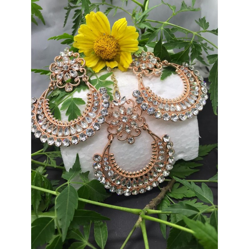 Shastta trendz Rose Gold Kundan Earrings with Maang Tikka
