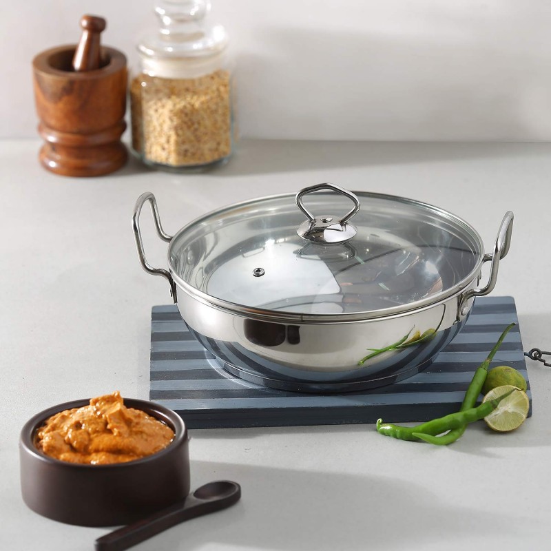 Vinod Stainless Steel Kadai with Glass Lid 24 cm 3 Ltr Induction Friendly