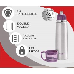Milton Glassy 750 Thermosteel 24 Hours Hot And Cold Water Bottle With Drinking Cup Lid 750 Ml Purple