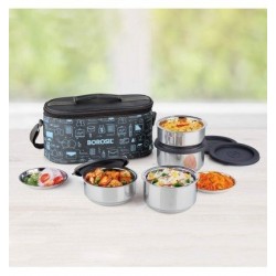Borosil - Carry Fresh Stainless Steel Insulated Lunch Box Set Of 4 2pcs 280 Ml+2pcs 180 Ml Blue/grey