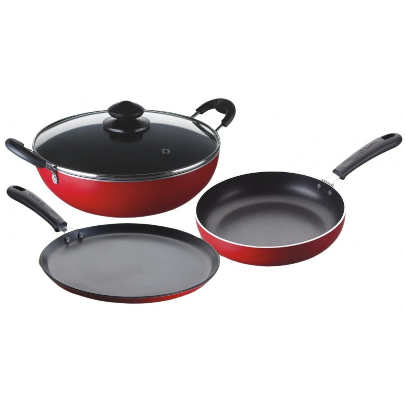 Bajaj Majesty Duo Non-Stick Cookware Set, 3 Pieces, Red