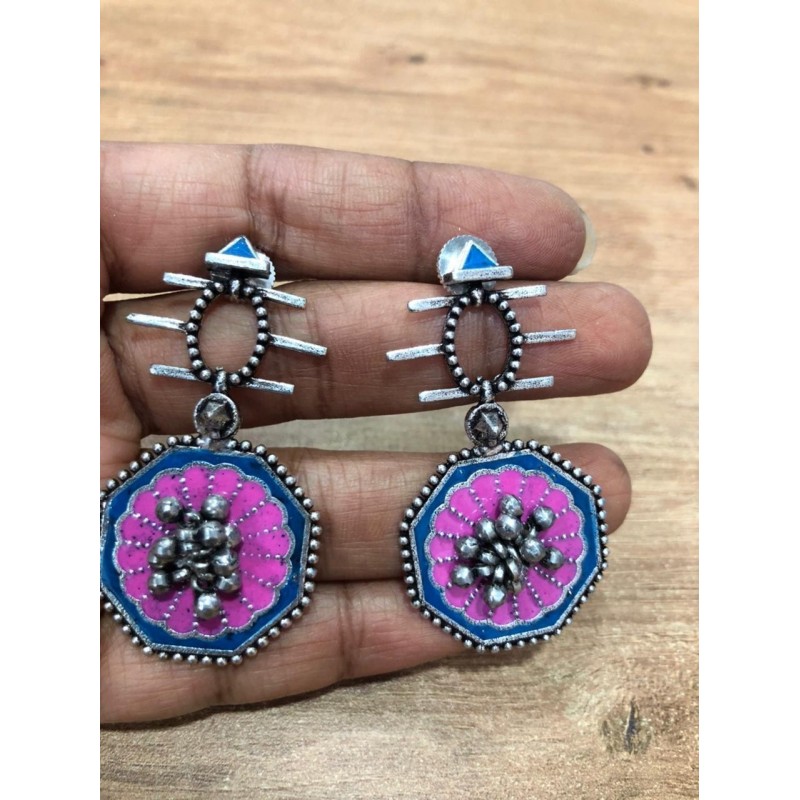 anaghya pink enamel german silver earrings with ghunghroo  in the centre