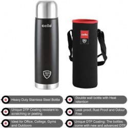 Cello Duro Tuff Steel Flip with Jacket DTP Coating Double Walled Insulated 1000 ml Steel Bottle Black