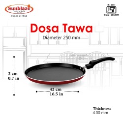 Sunblaze Aluminium Non-Stick Cookware Induction Base Multipurpose Flat Dosa Paratha Chapati and Roti Tawa 25 cm Red