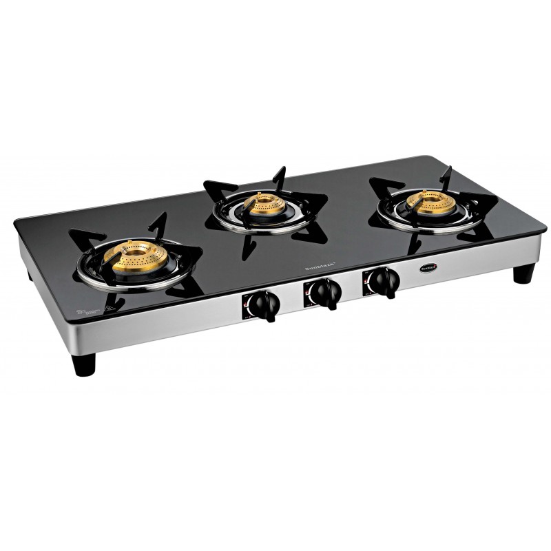 Sunblaze Trendy SS Glass Top 3 Brass Burner Gas Stove Manual Ignition Detechable Drip Tray 2 Years Warranty Stainless Steel
