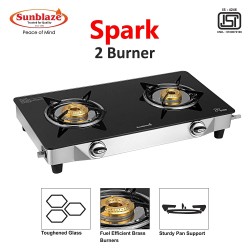 Sunblaze Spark SS Glass Top 2 Brass Burner Gas Stove Manual Ignitions Isi Approved 2 Years