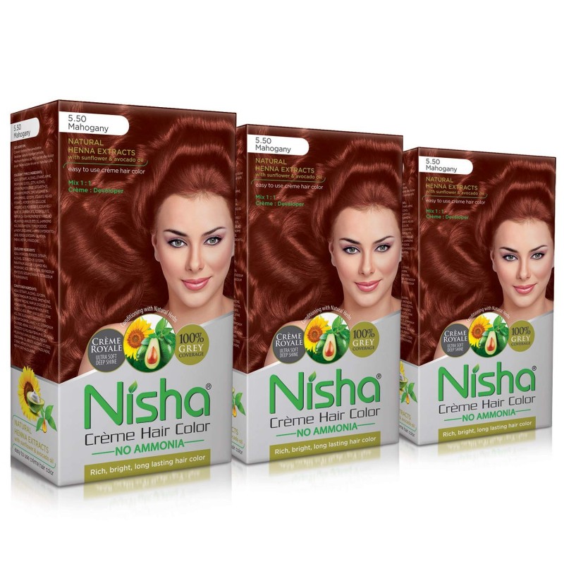 Nisha Cream Hair Color 120 Ml/each With Rich Bright Long Lasting Shine Hair Color No Ammonia Mahogany 5.5 Pack Of 3
